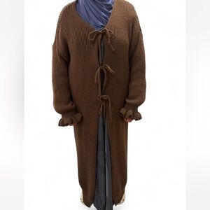 Chocolate Brown Bow Tie Long Knit Cardigan | Size Medium | Never Worn
